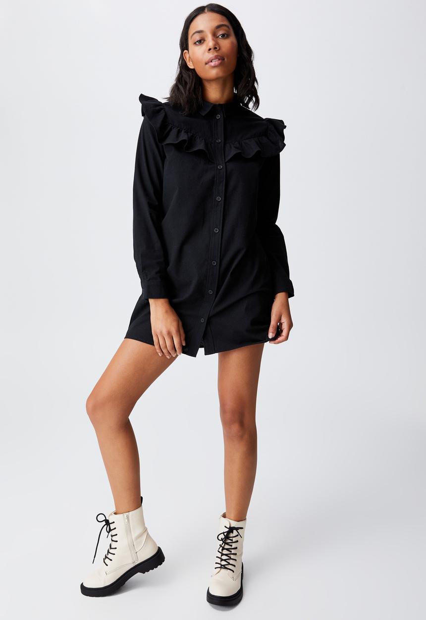 Cotton On - Woven Jade long sleeve ruffle shirt mini dress - black