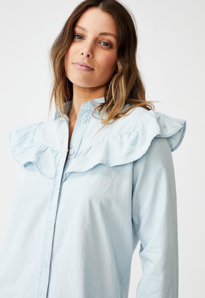 Cotton On - Woven Jade long sleeve ruffle shirt mini dress - blue