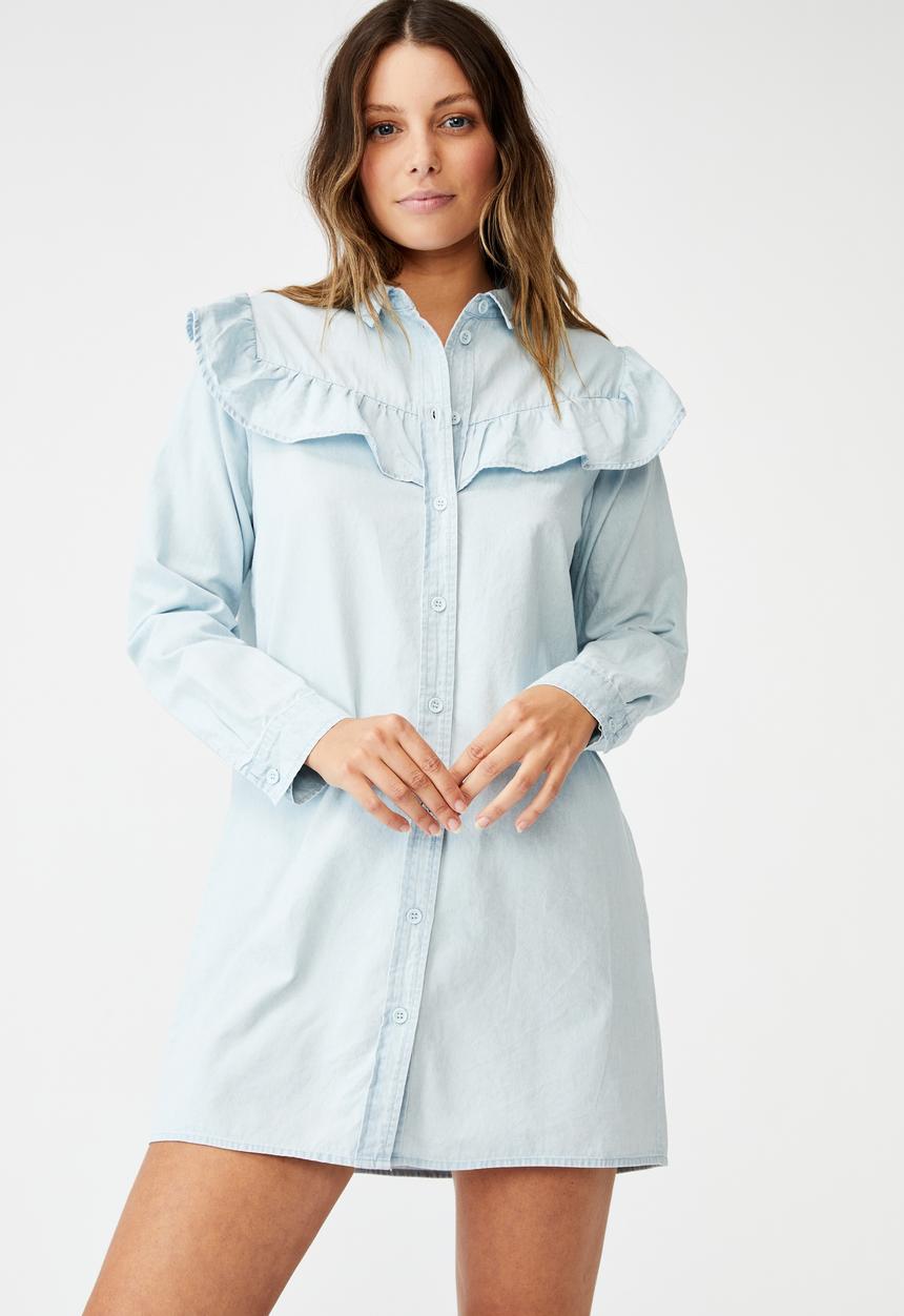 Cotton On - Woven Jade long sleeve ruffle shirt mini dress - blue