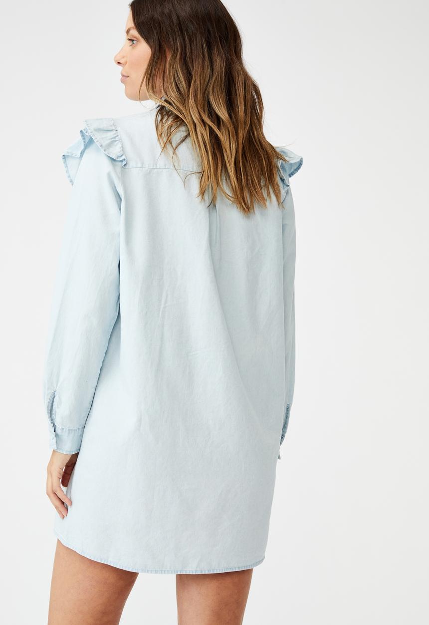 Cotton On - Woven Jade long sleeve ruffle shirt mini dress - blue