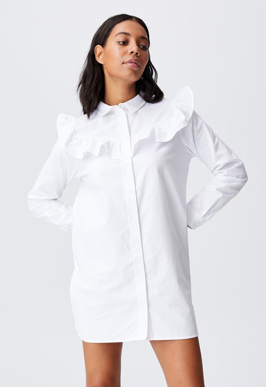 Cotton On - Woven Jade long sleeve ruffle shirt mini dress - white