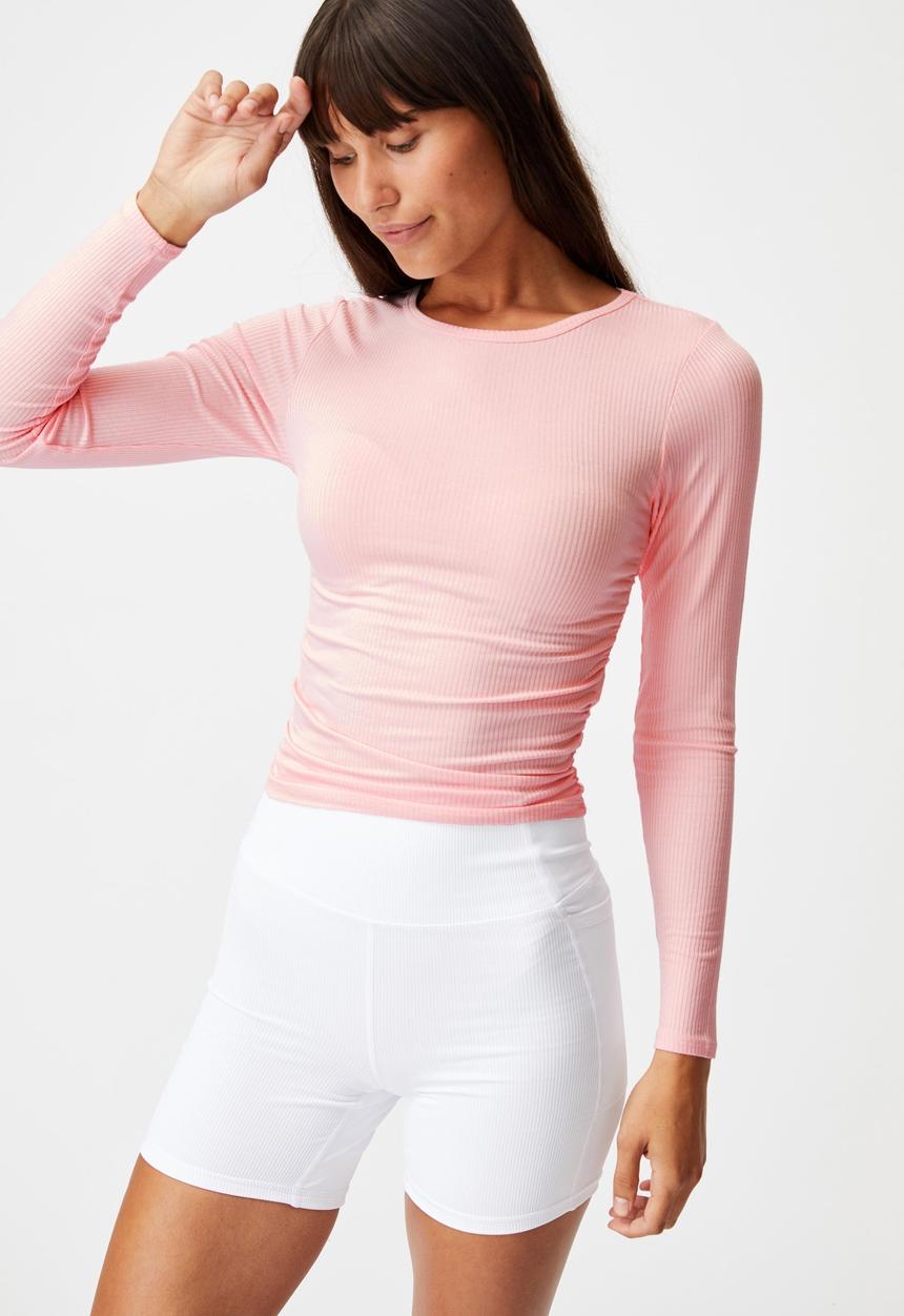 Cotton On - Side gather rib long sleeve top -  pink sherbet
