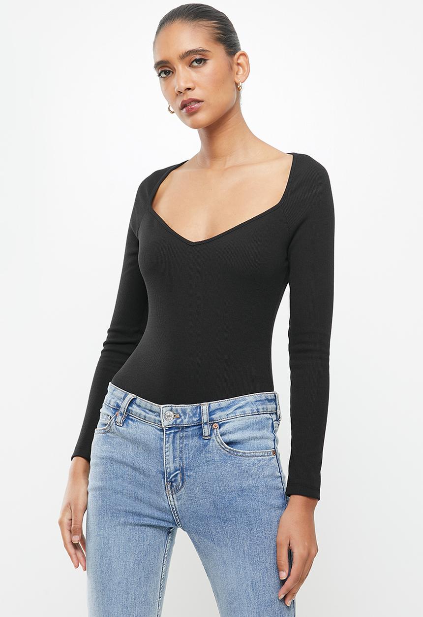 VELVET - Rib knit sweetheart long sleeve bodysuit - black