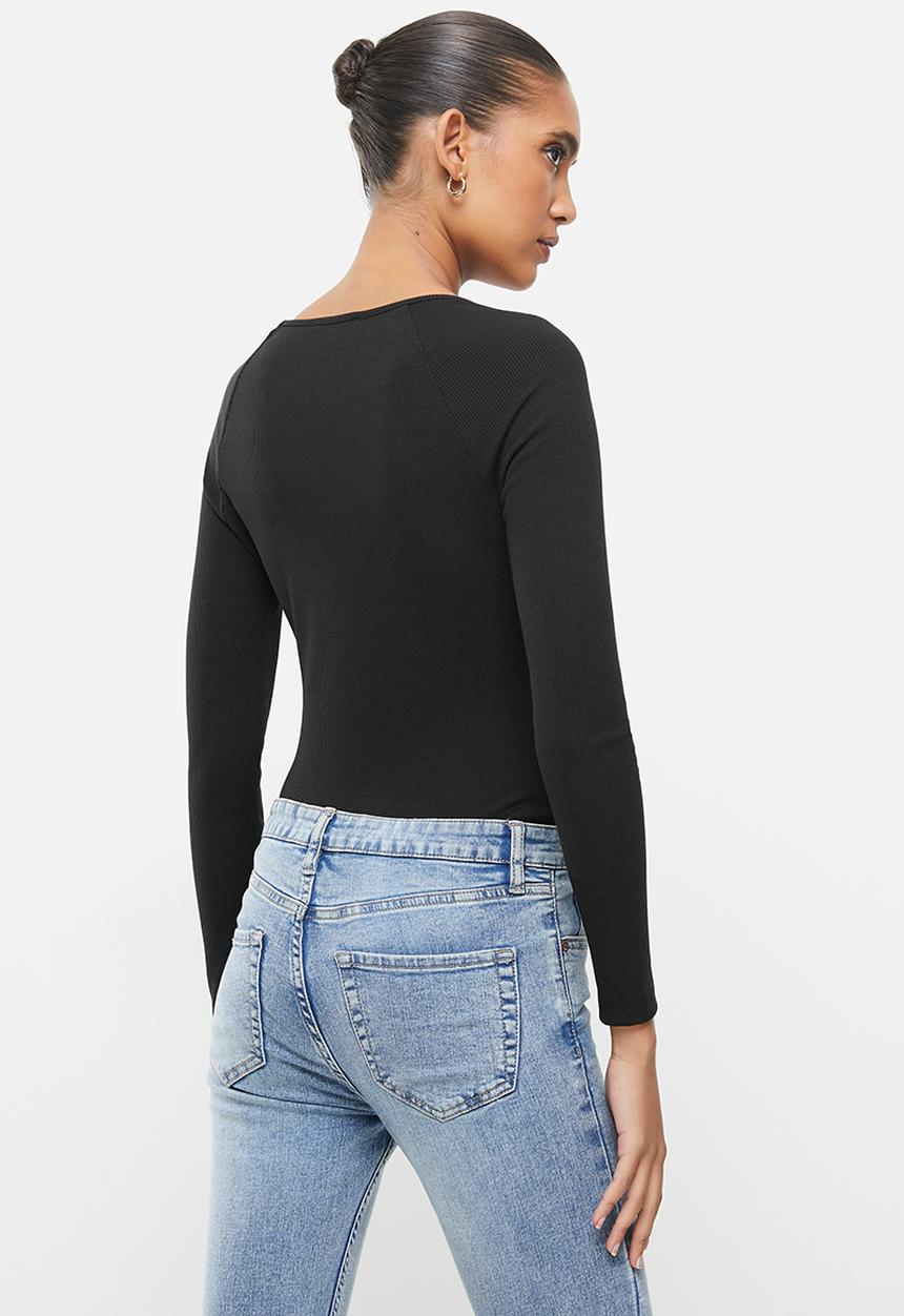 VELVET - Rib knit sweetheart long sleeve bodysuit - black