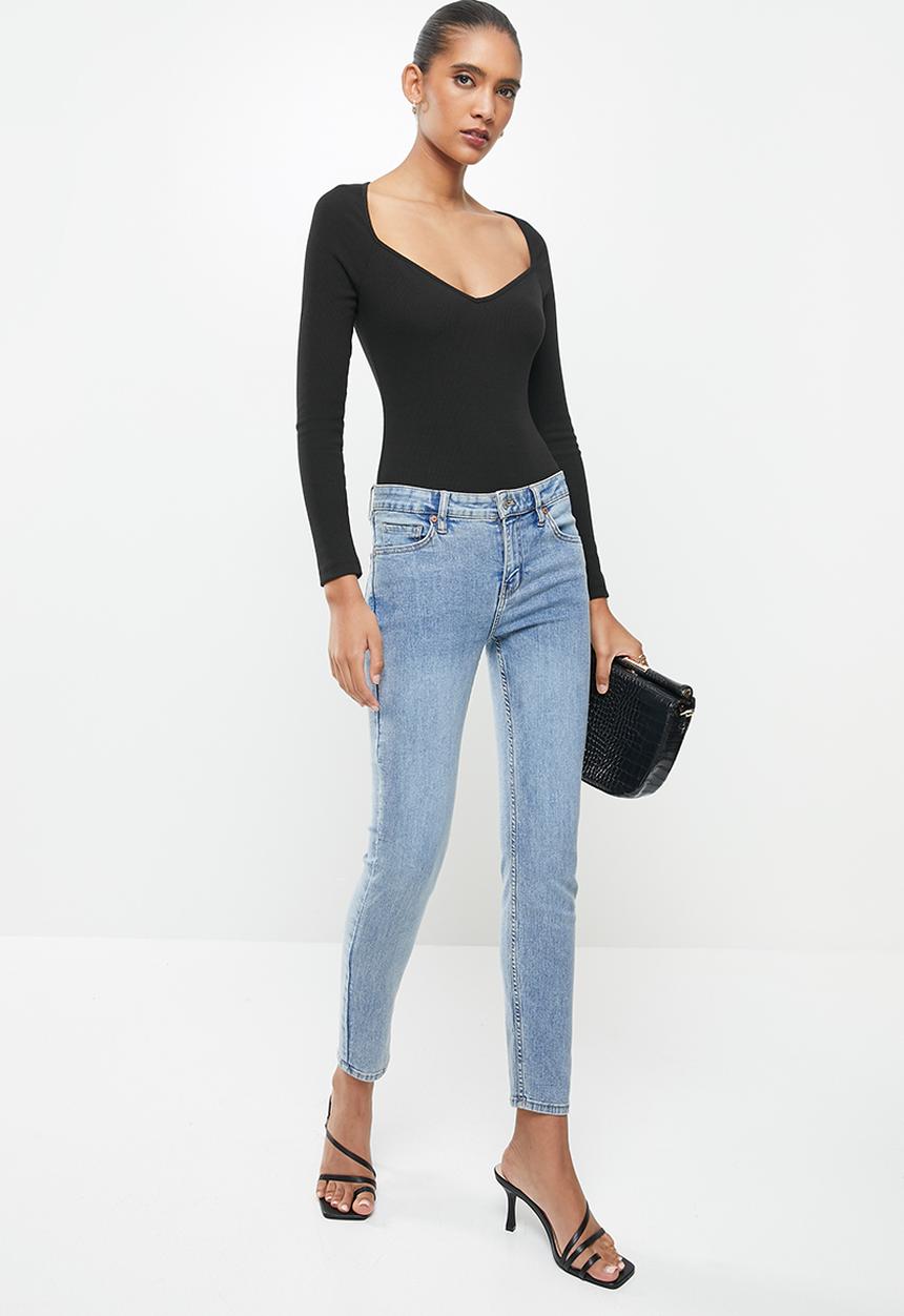 VELVET - Rib knit sweetheart long sleeve bodysuit - black