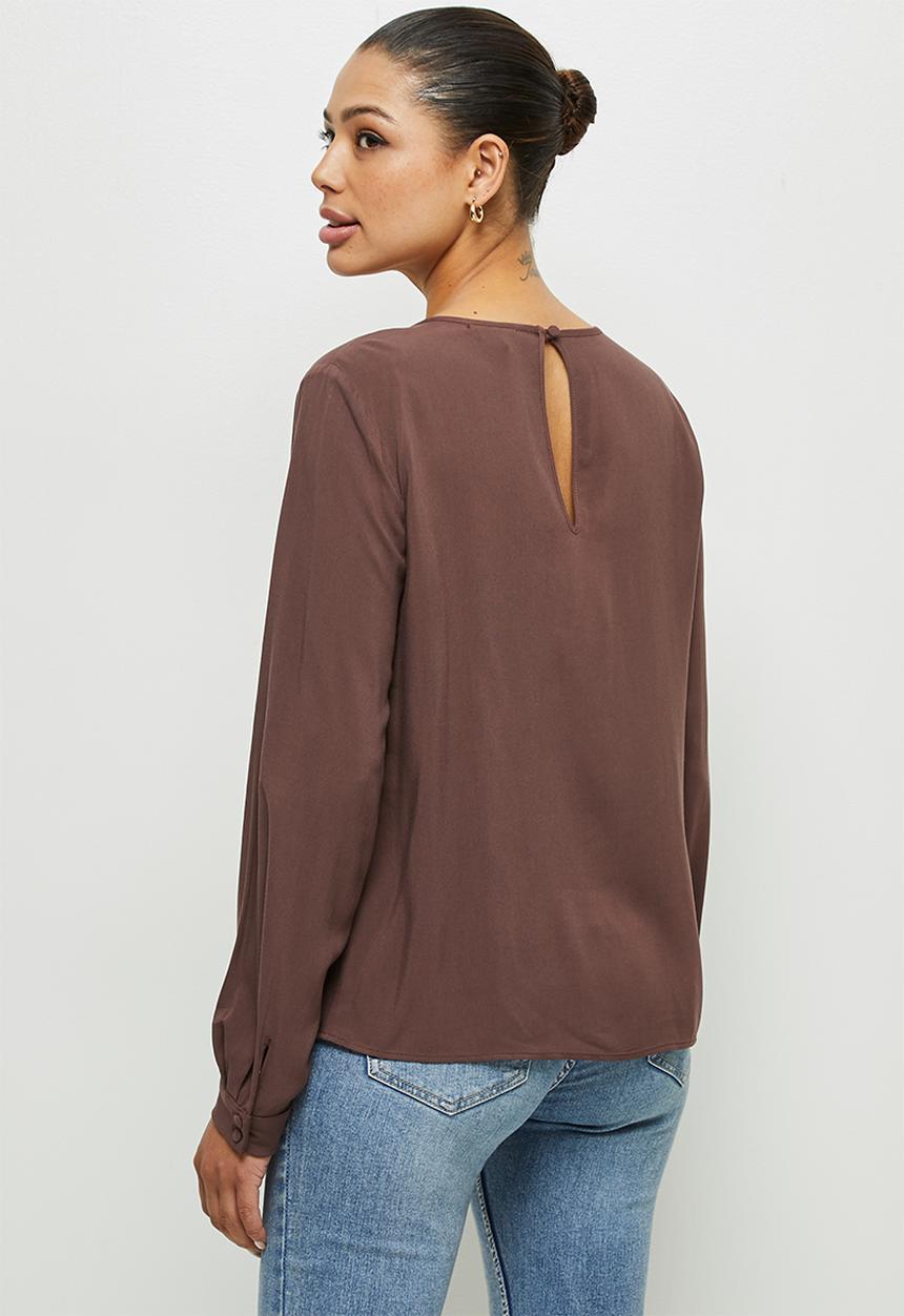 edit - Long sleeve keyhole blouse - brown