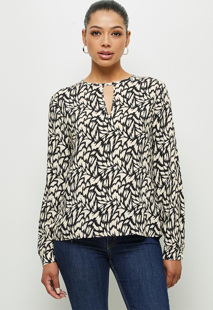 edit - Long sleeve keyhole blouse - neutral & black 