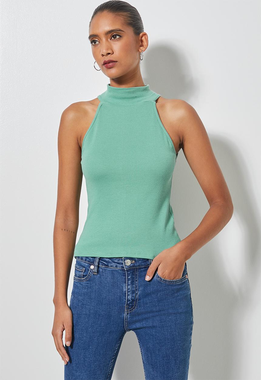 Superbalist - Rib cutaway poloneck top - sage