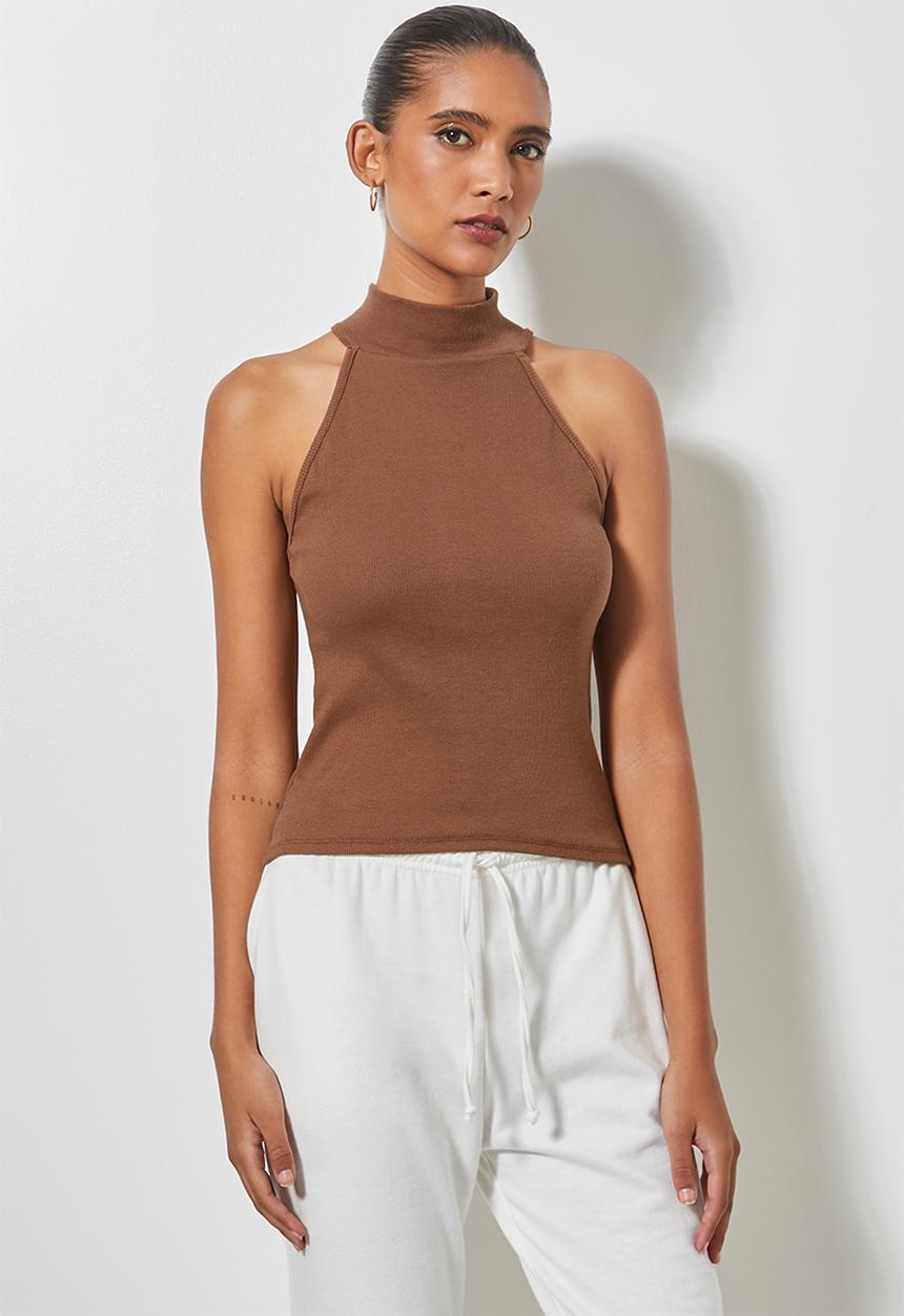 Superbalist - Rib cutaway poloneck top - tobacco