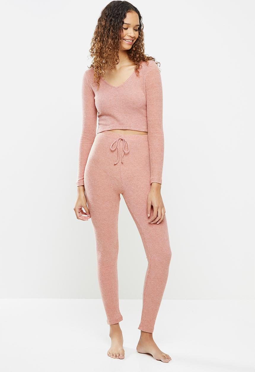 Blake - Knit long john & cropped V-neck top sleep set - rose 