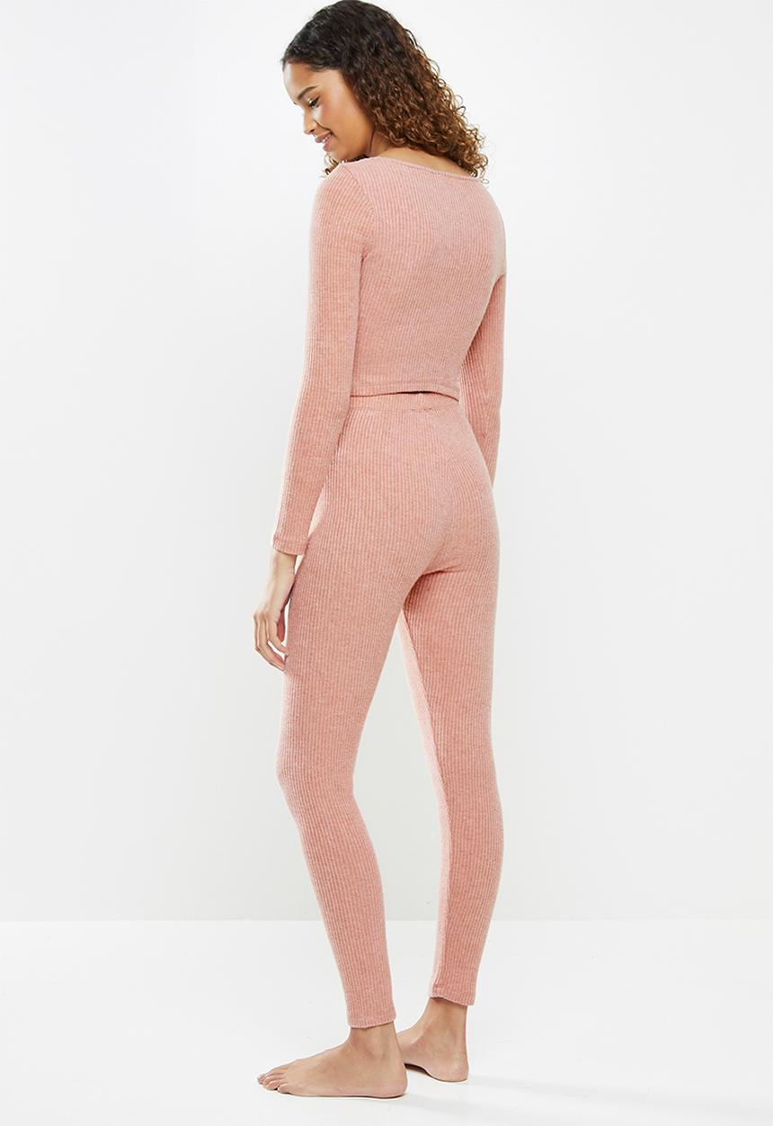 Blake - Knit long john & cropped V-neck top sleep set - rose 