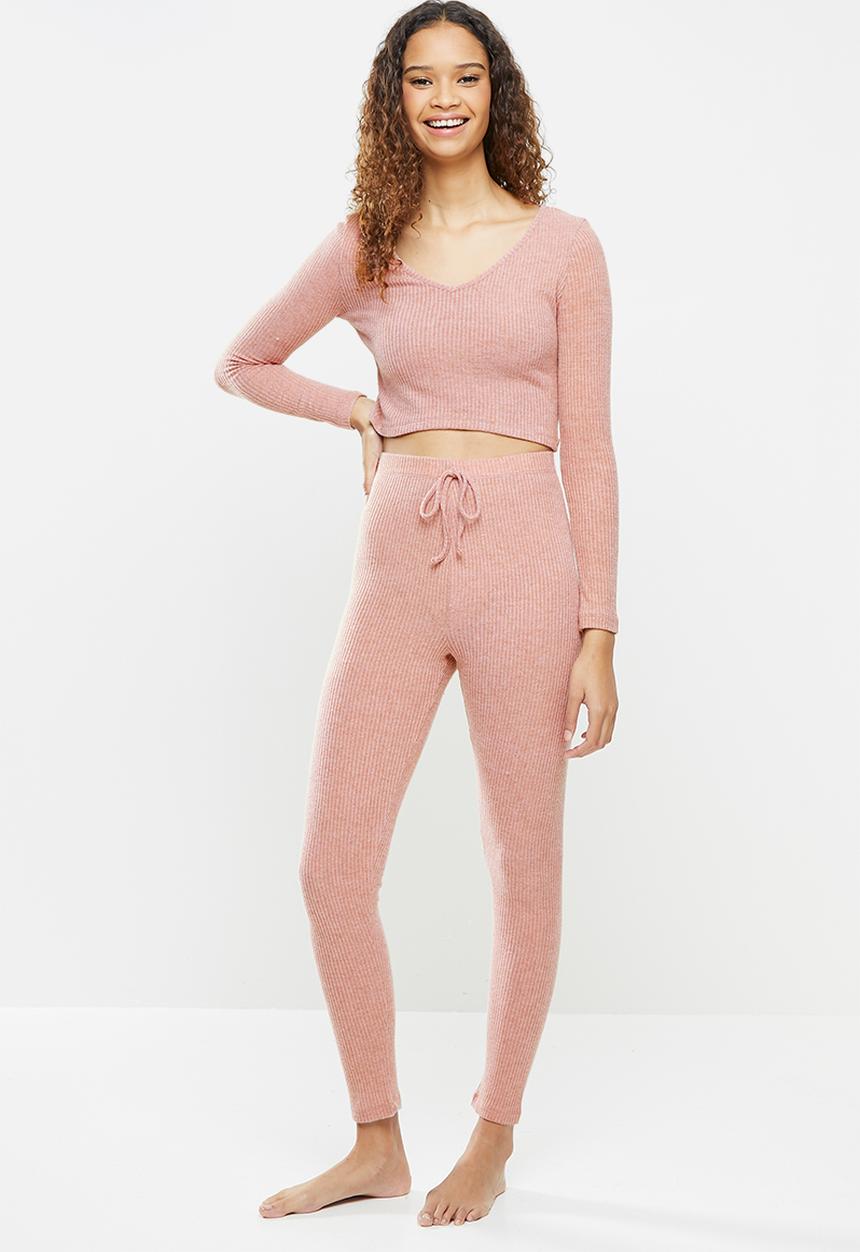 Blake - Knit long john & cropped V-neck top sleep set - rose 