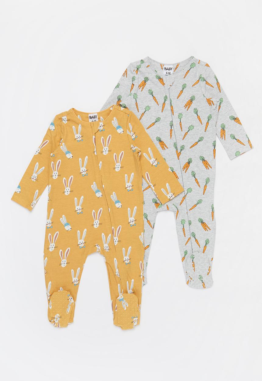 Cotton On - 2 pack long sleeve zip romper - crazy carrots/vintage honey bailey bunny