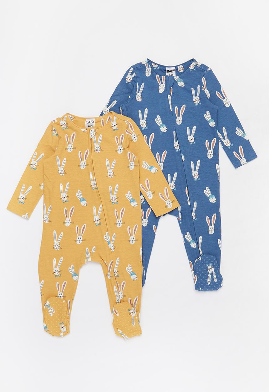 Cotton On - 2 pack long sleeve zip romper - vintage honey/petty blue bailey bunny