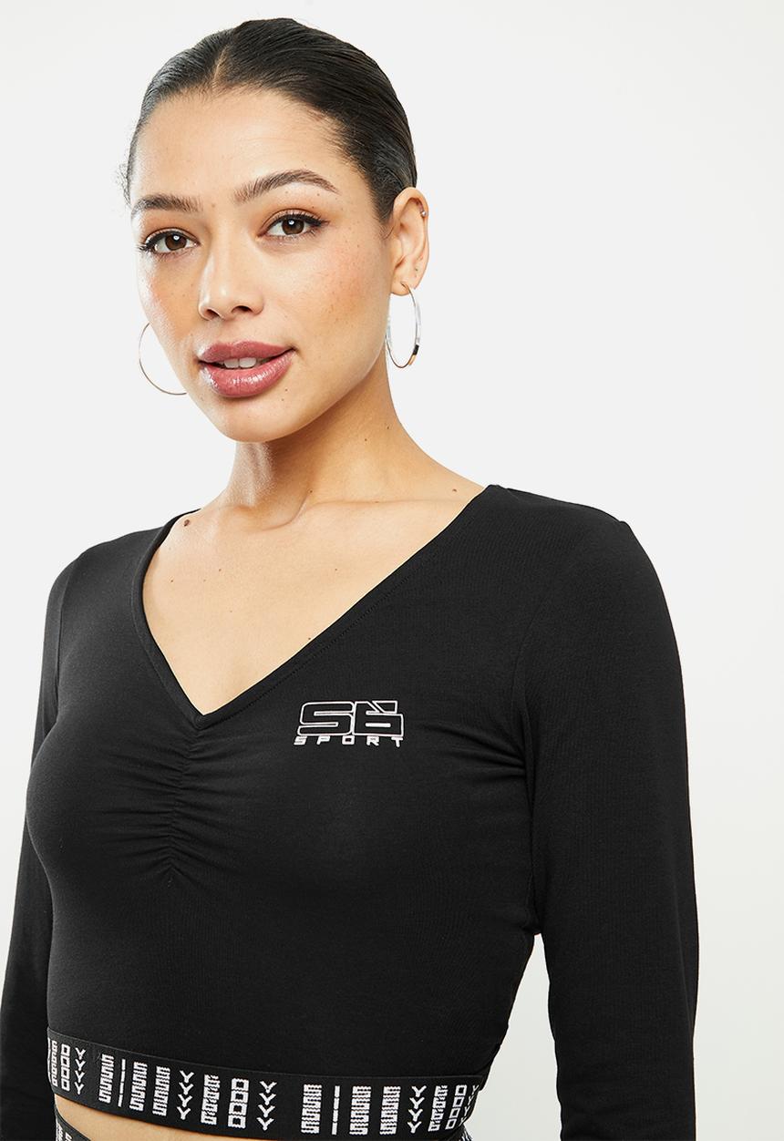 SISSY BOY - Crop top with v-neck front neck ruching - black