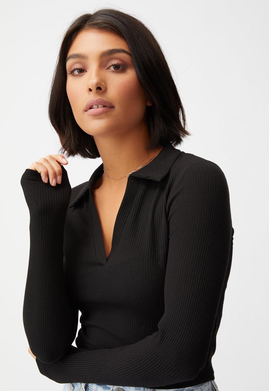 Cotton On - Zoe polo long sleeve top - black