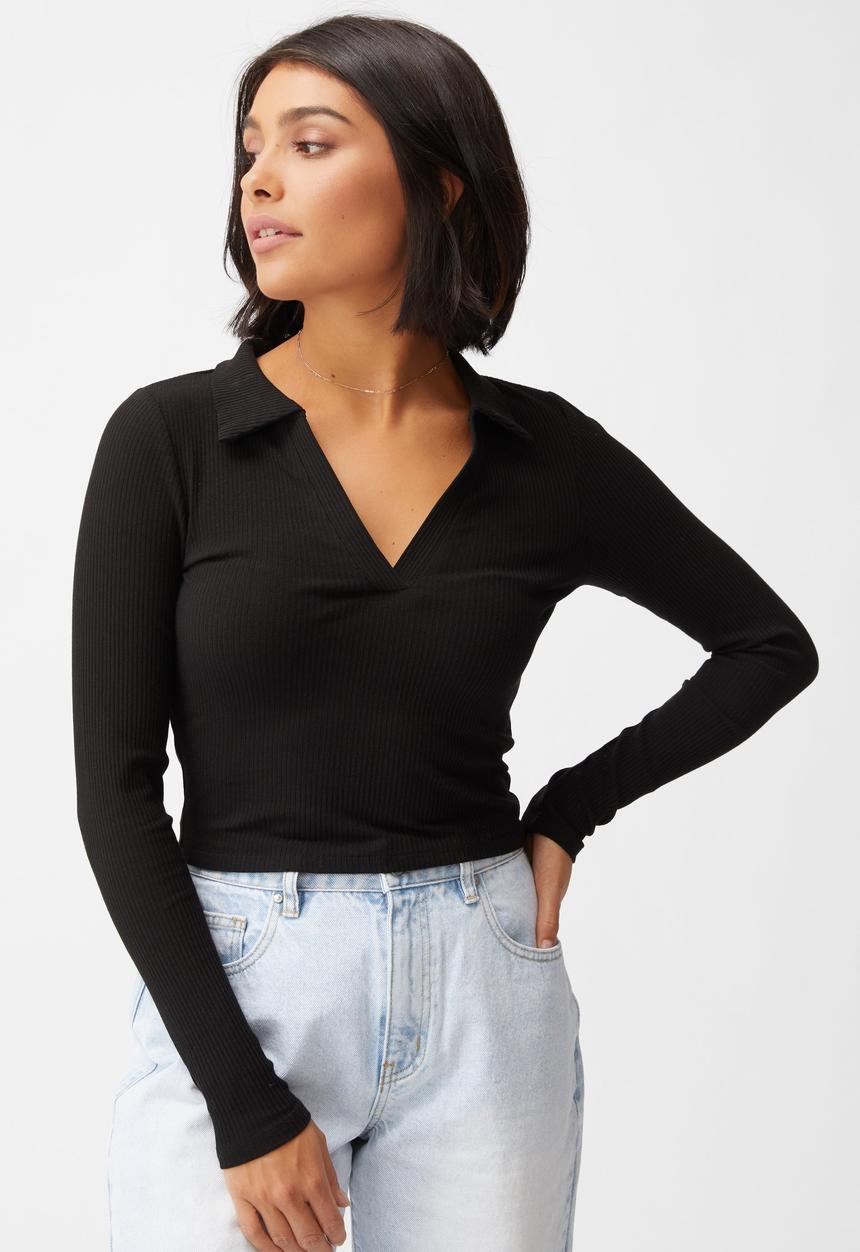 Cotton On - Zoe polo long sleeve top - black