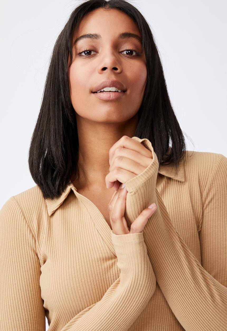 Cotton On - Zoe polo long sleeve top - taupe