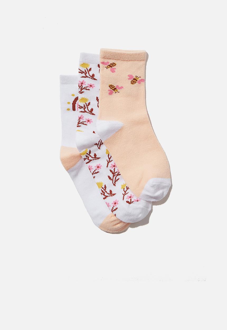 Cotton On - Kids 3 pack crew socks - peach & white 