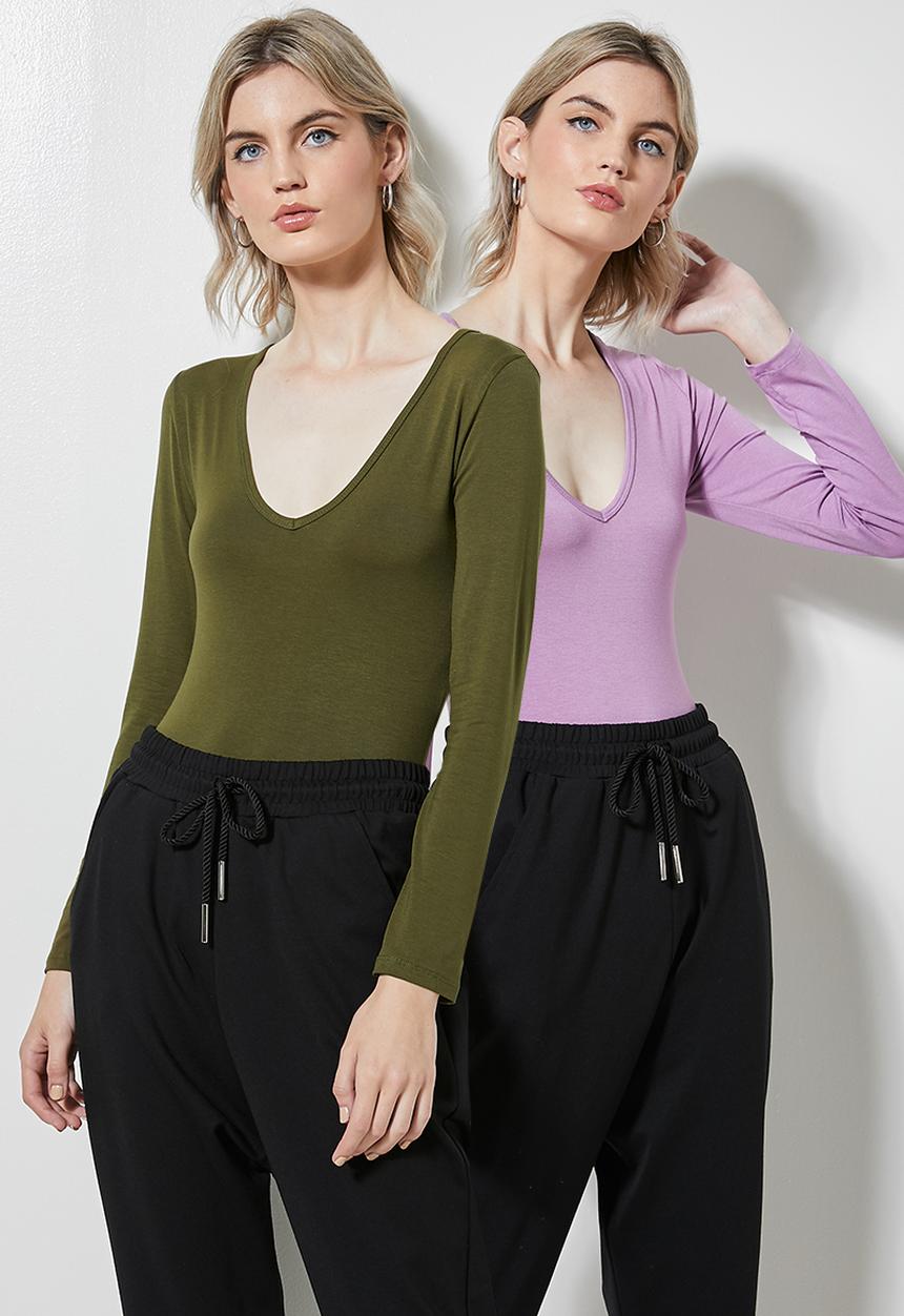 Superbalist - 2 Pack v-neck bodysuit - khaki & dusty mauve