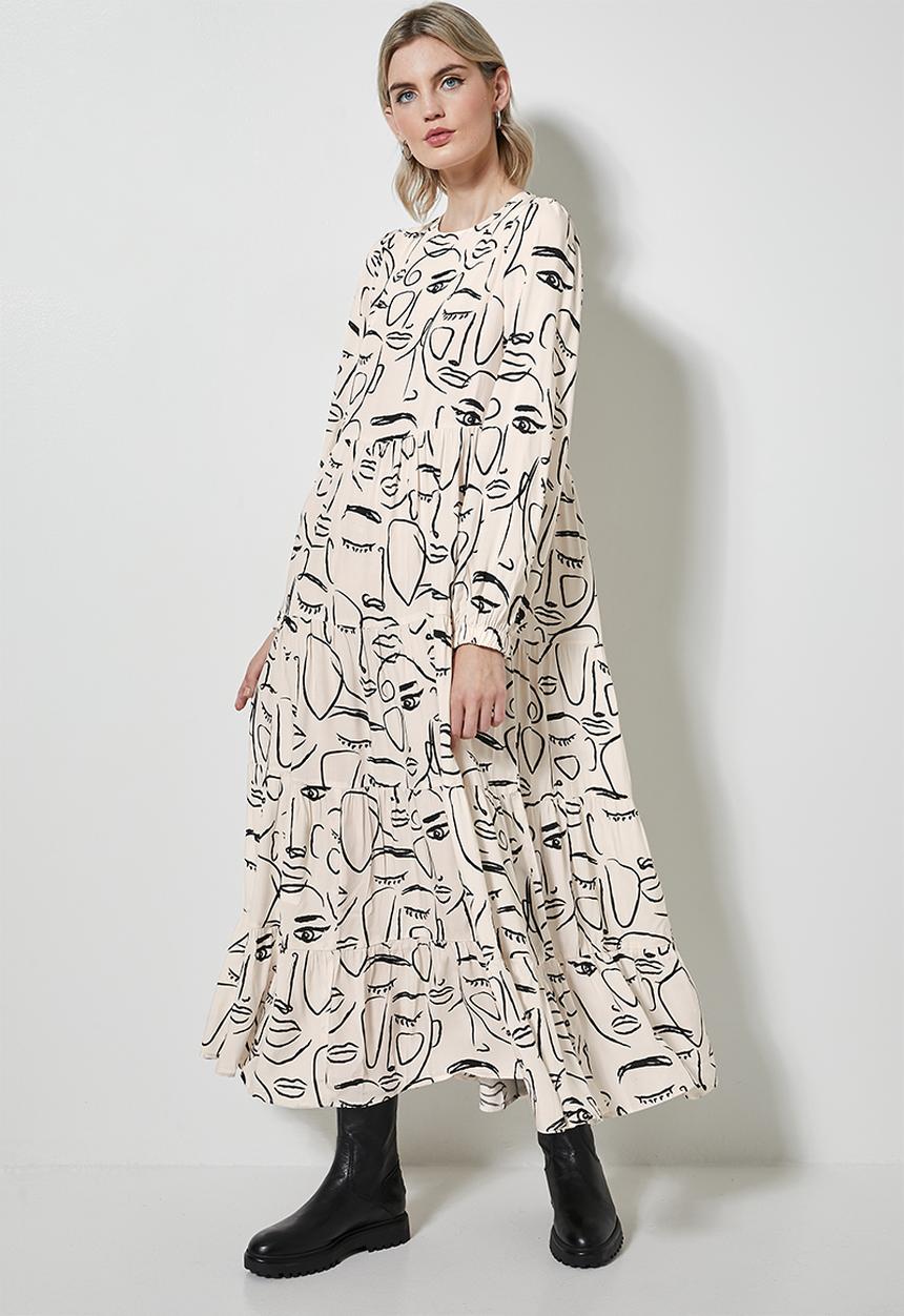 Superbalist - Long sleeve tiered dress - beige & black