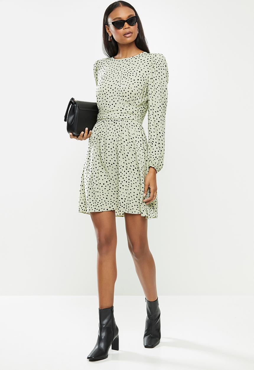 MILLA - Shoulder pad mini dress with waist detail - sage & black 