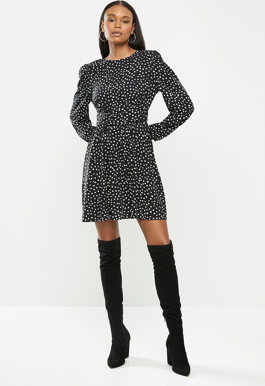 MILLA - Shoulder pad mini dress with waist detail - black & white