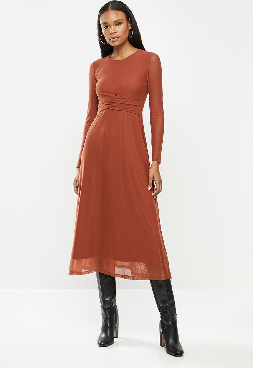MILLA - Mesh twist front midi dress - rust