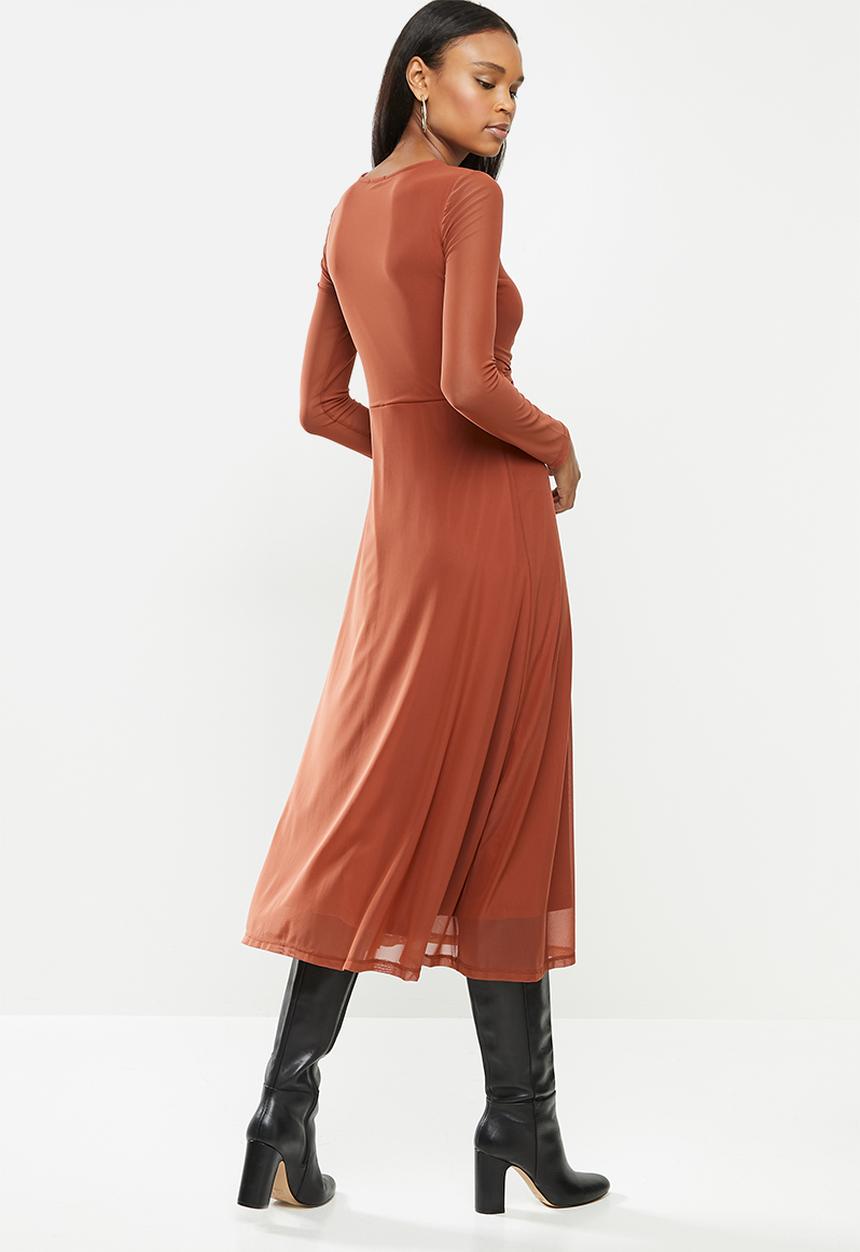 MILLA - Mesh twist front midi dress - rust