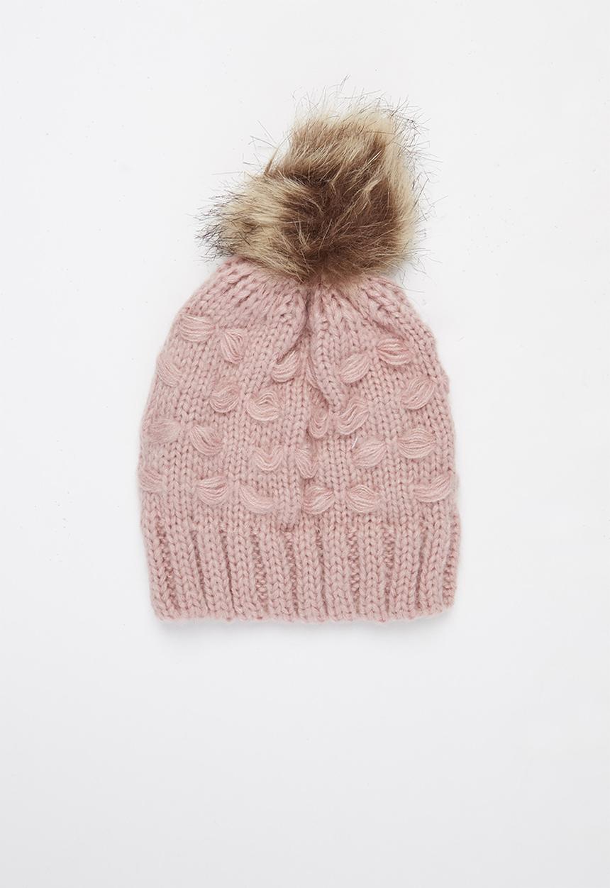 Baby Star - Single faux fur pom pom beanie - pink