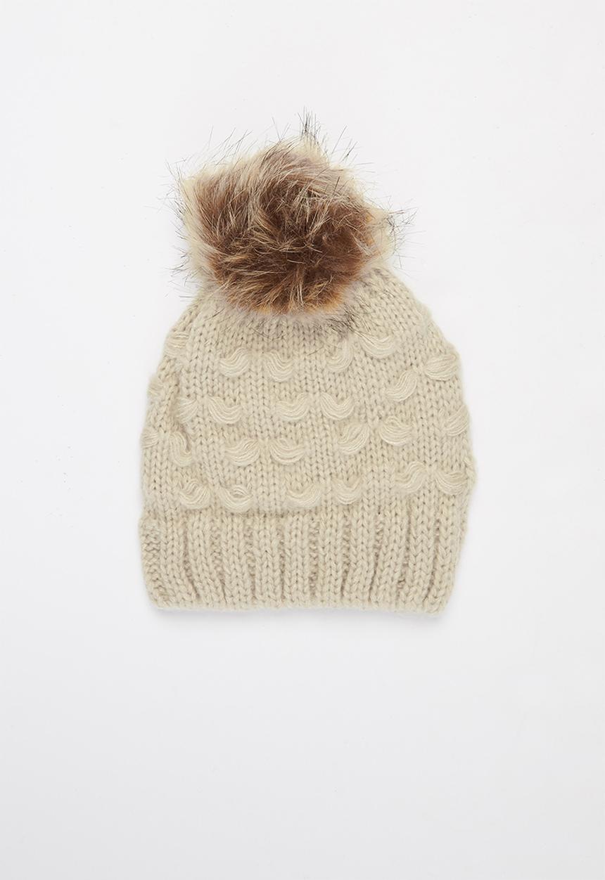 Baby Star - Single faux fur pom pom beanie - beige