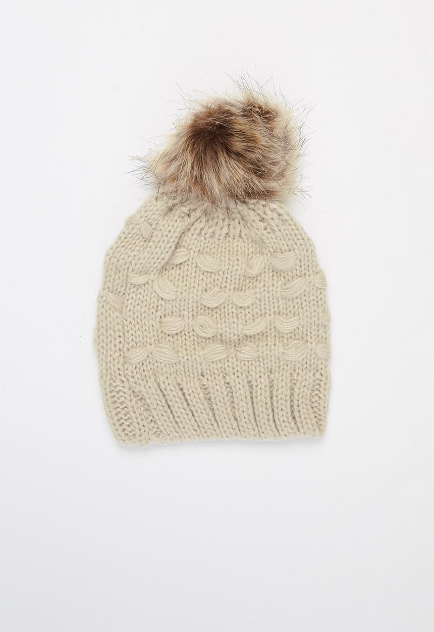 Baby Star - Single faux fur pom pom beanie - beige