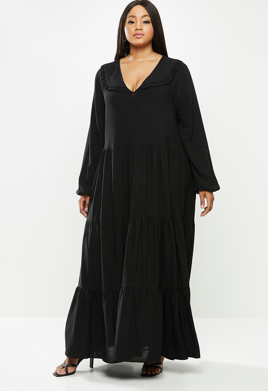 VELVET - Peterpan collar tiered maxi dress - black