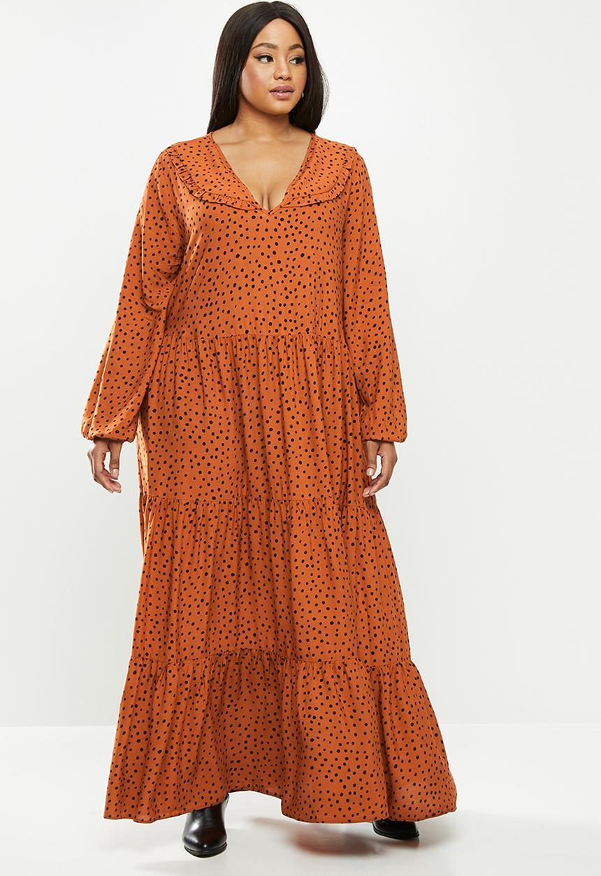 VELVET - Peterpan collar tiered maxi dress - brown & black