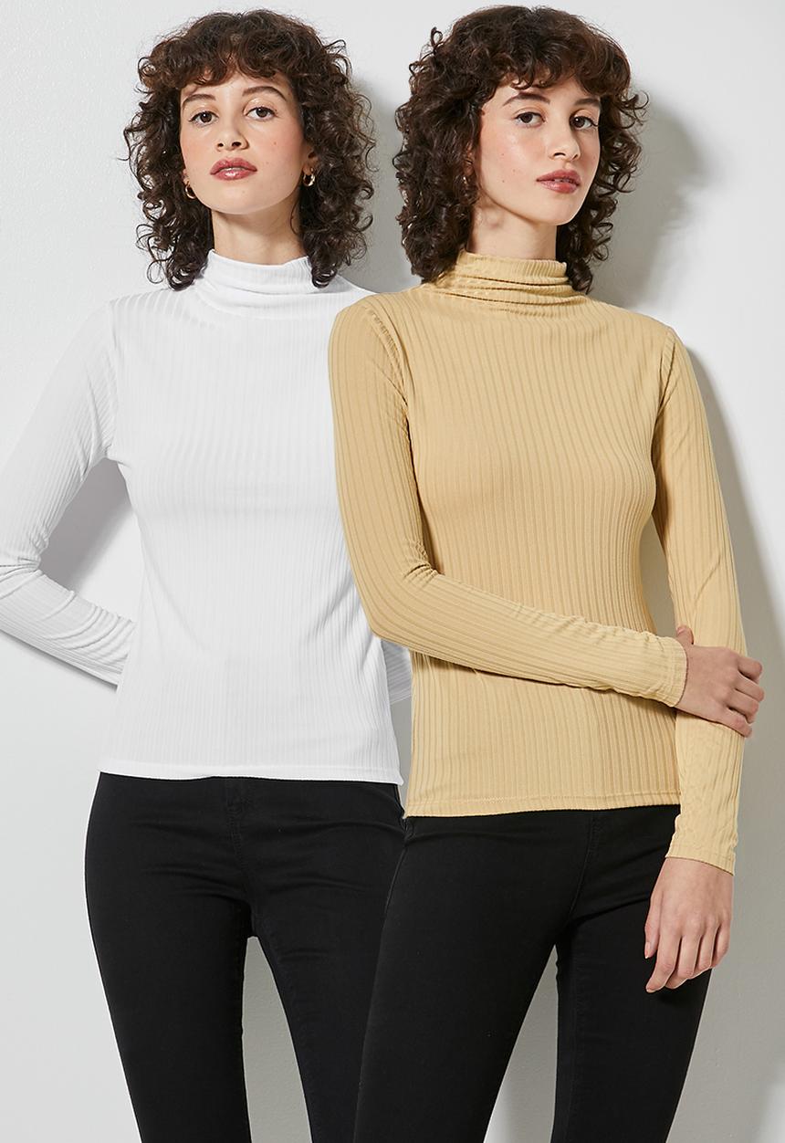 Superbalist - 2 Pack rib grown on funnel neck - beige & white 
