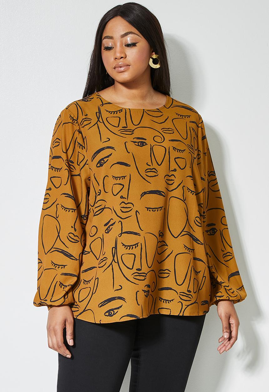 Superbalist - Blouson sleeve shell top - tobacco abstract