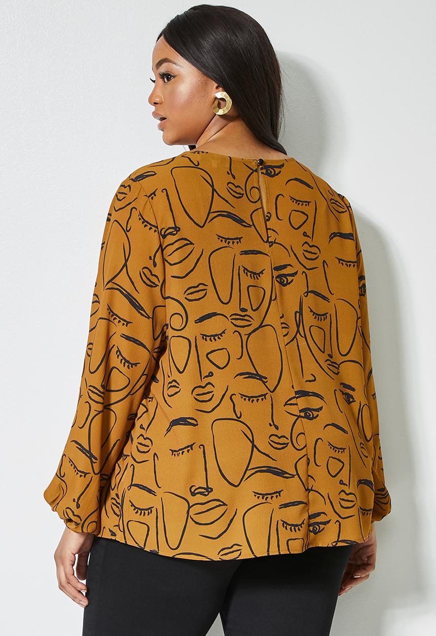 Superbalist - Blouson sleeve shell top - tobacco abstract