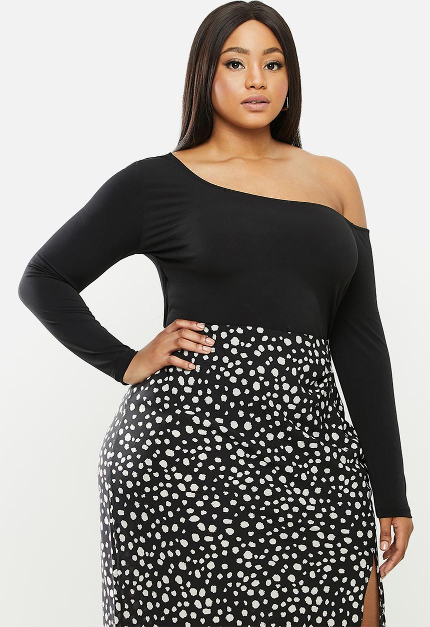 MILLA - Asymmetric one shoulder long sleeve bodysuit - black