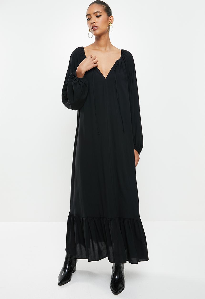 VELVET - Rayon  boho tiered maxi dress - black