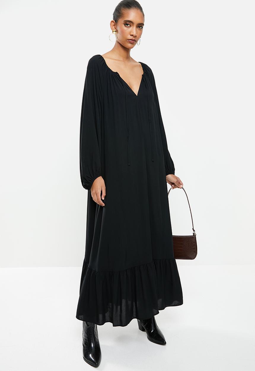 VELVET - Rayon  boho tiered maxi dress - black