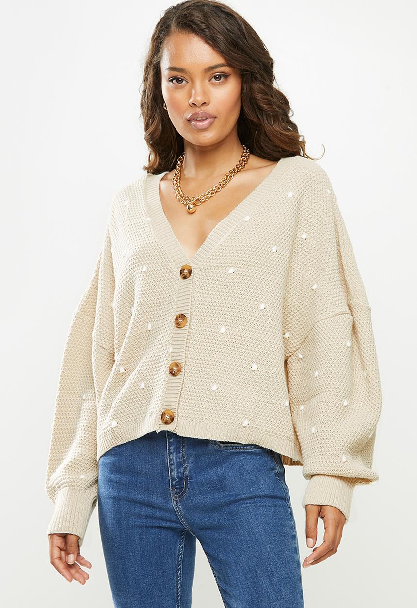 Missguided - Petite polka dot balloon sleeve cardigan - stone