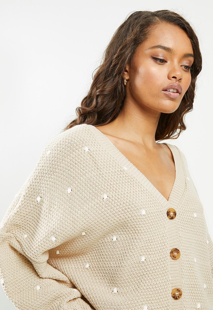 Missguided - Petite polka dot balloon sleeve cardigan - stone