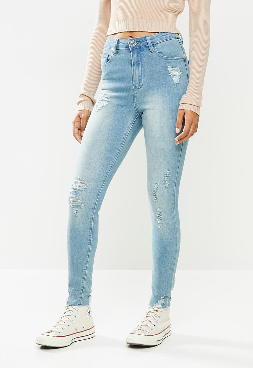 Missguided - Petite sinner highwaist destroy hem skinny jean - light blue