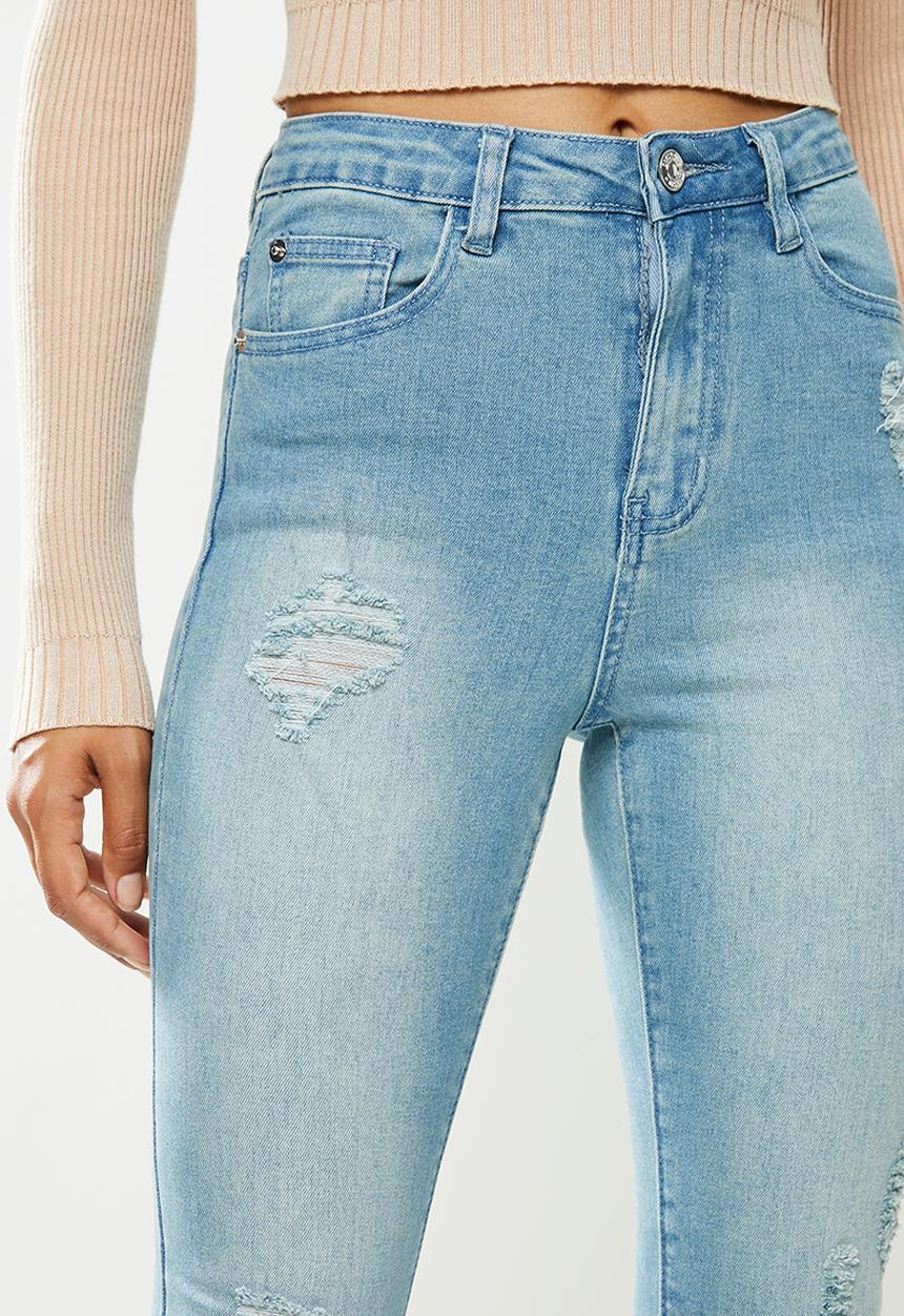 Missguided - Petite sinner highwaist destroy hem skinny jean - light blue