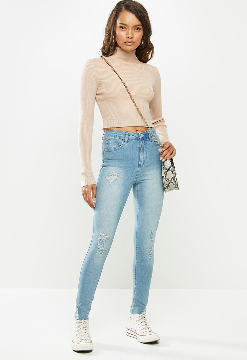Missguided - Petite sinner highwaist destroy hem skinny jean - light blue