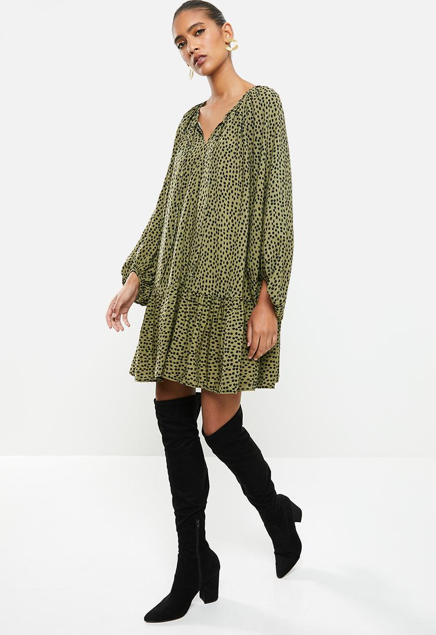 VELVET - Polkadot trapeze dropwaist tiered mini dress - olive & black