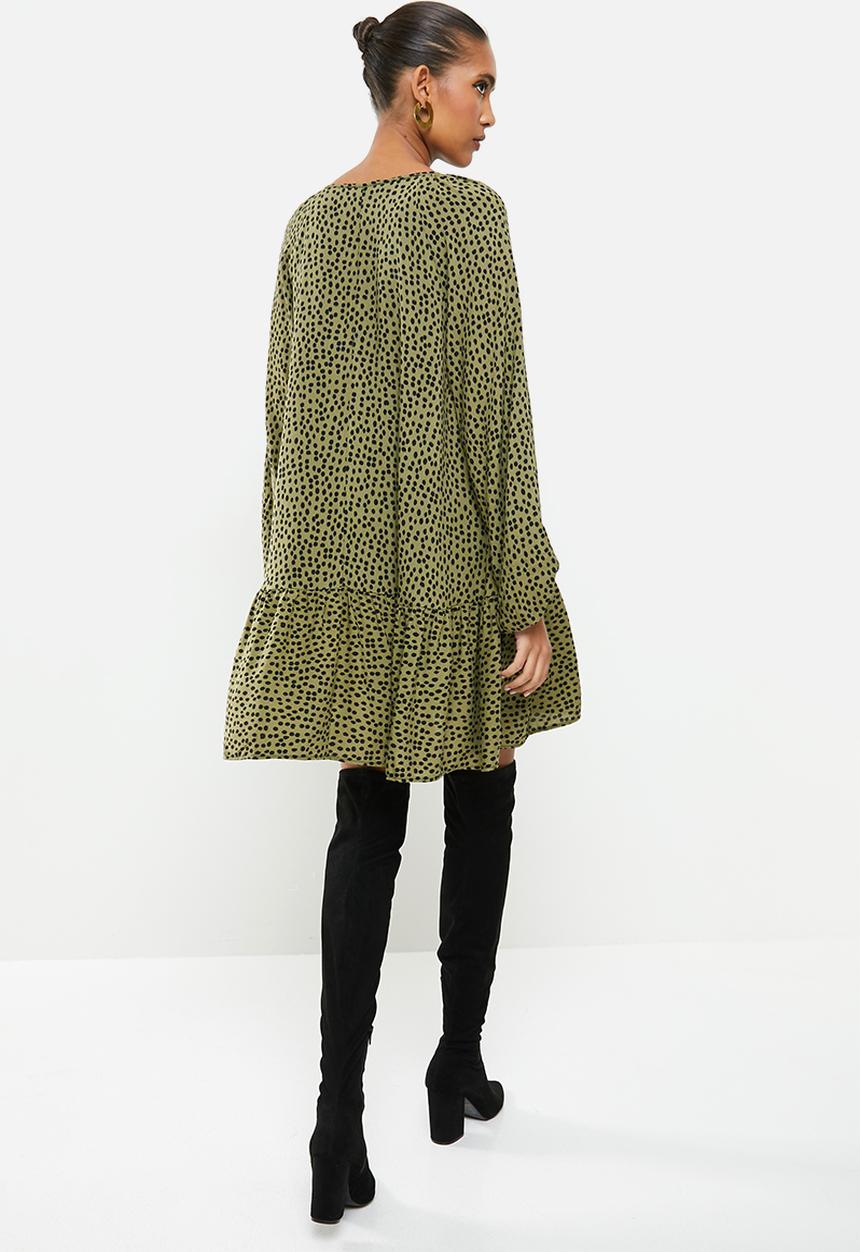 VELVET - Polkadot trapeze dropwaist tiered mini dress - olive & black
