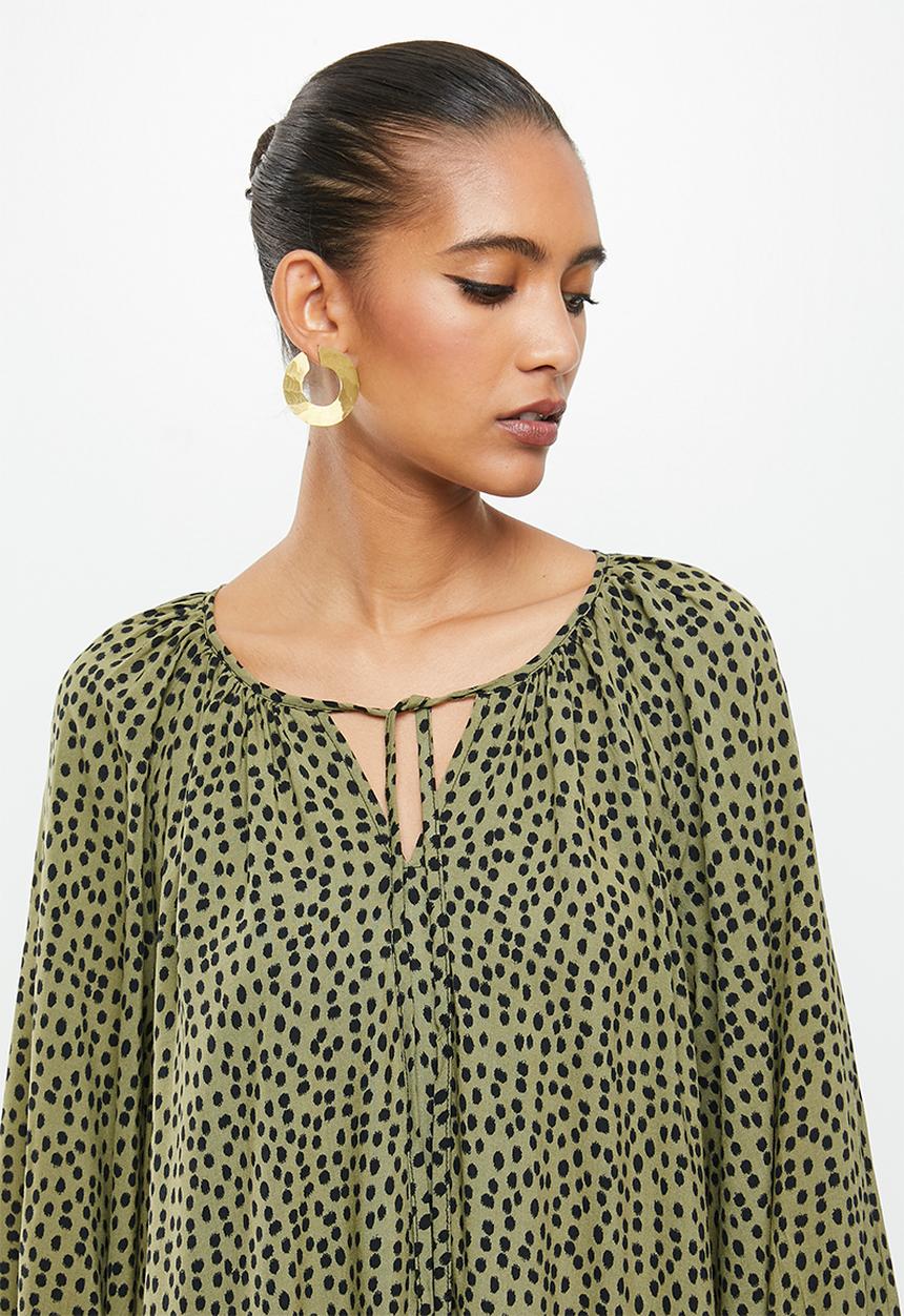 VELVET - Polkadot trapeze dropwaist tiered mini dress - olive & black
