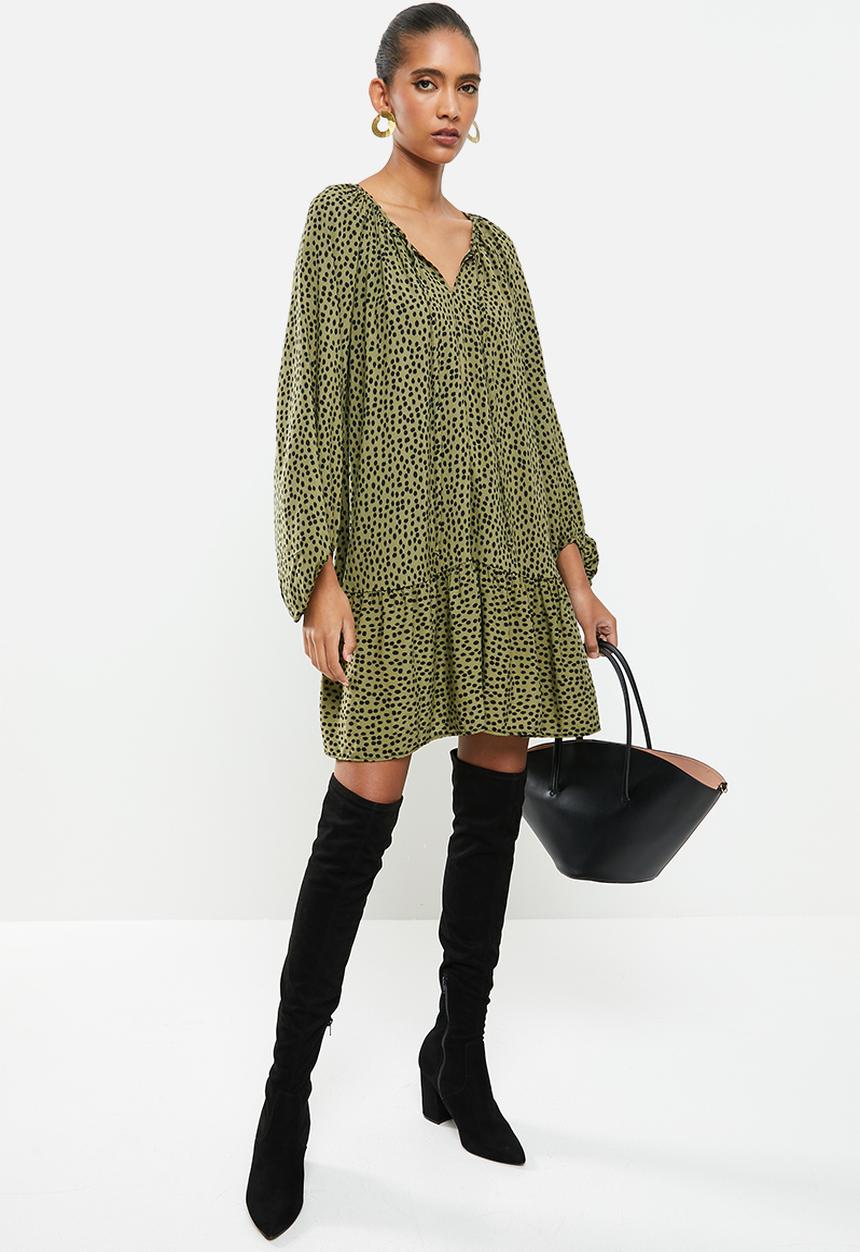 VELVET - Polkadot trapeze dropwaist tiered mini dress - olive & black
