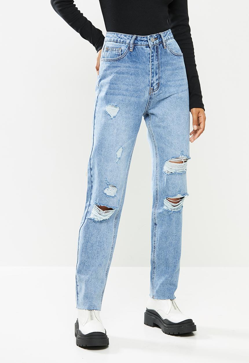 Missguided - Petite slim straight distressed jean - blue